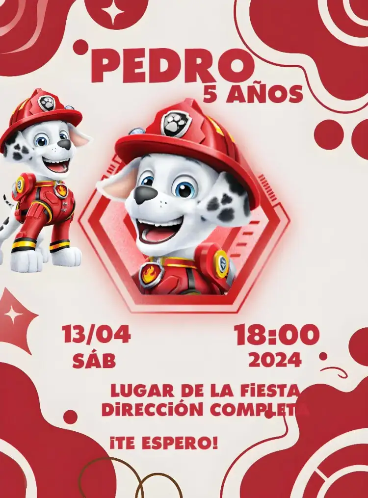 Invitación Patrulla Canina Marshall Héroe – tema Cumpleaños Infantil rojo, divertido, infantil, aventura, colorido, temático