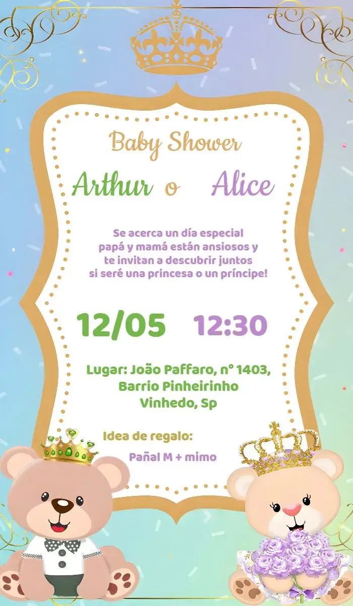 Invitación Baby Shower Revelación Osito Verde y Osita Lila Pañales editable y personalizable