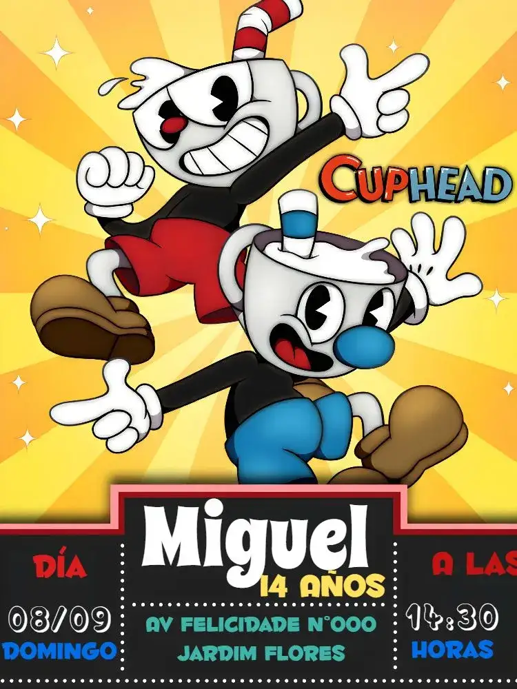 Invitación Cuphead Amarillo – tema Más buscados divertido, colorido, juegos, infantil, moderno, ilustraciones
