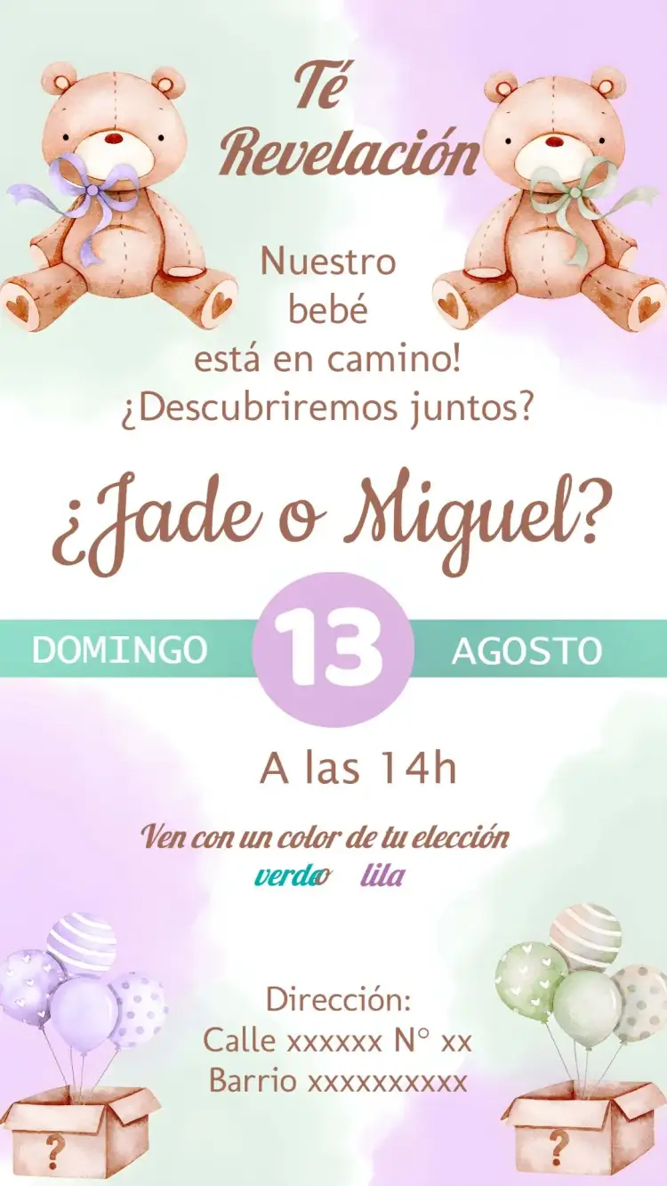 Invitación Revelación de Género Ositos Infantil – tema Cumpleaños Infantil osos de peluche, verde, lila, lúdico, infantil, tierno