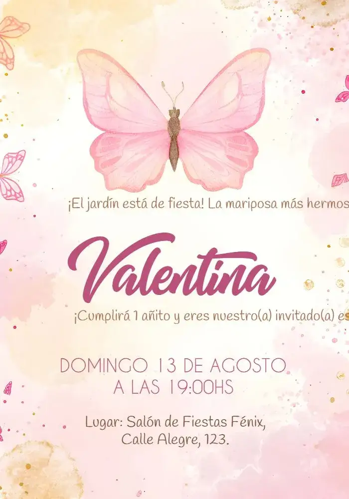Invitación Mariposas 1 – tema Fechas Conmemorativas rosa, marrón, blanco, floral, infantil, delicado