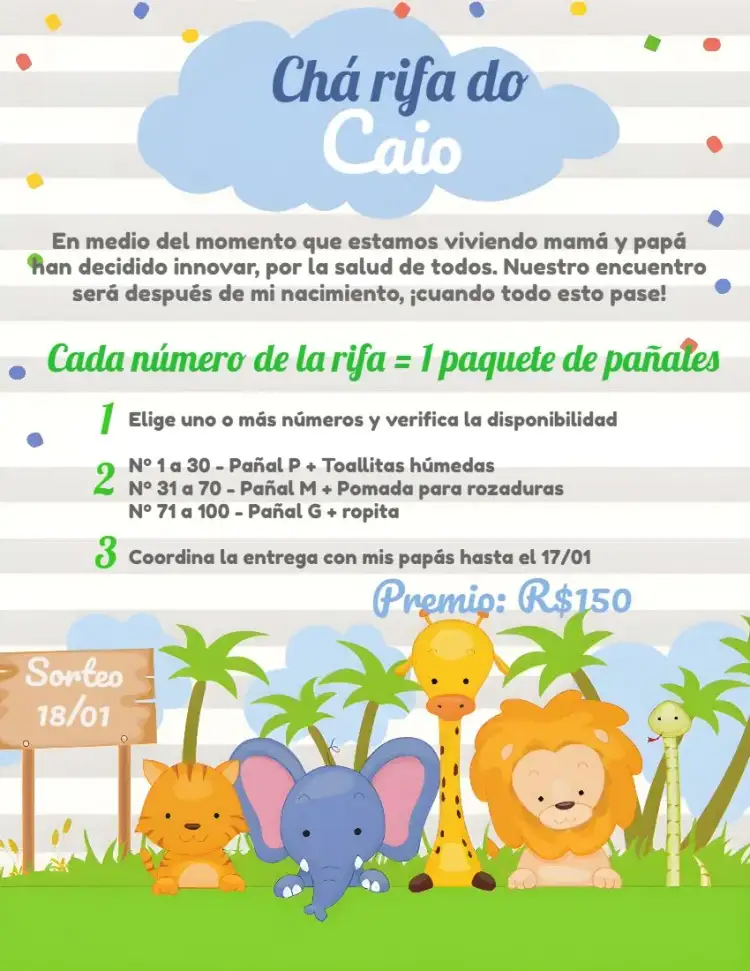 Invitación Té de Rifa Safari Animales – tema Té Rifa safari, animales, acuarela, colorido, moderno, divertido