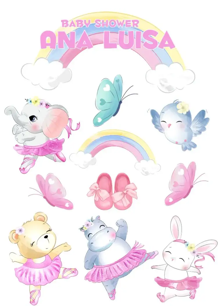 Invitación Topper De Pastel Baby Shower Animales Bailarina Té – tema Despedida de Soltera rosa, lúdico, tema de animales, tema de bailarina, divertido, femenino