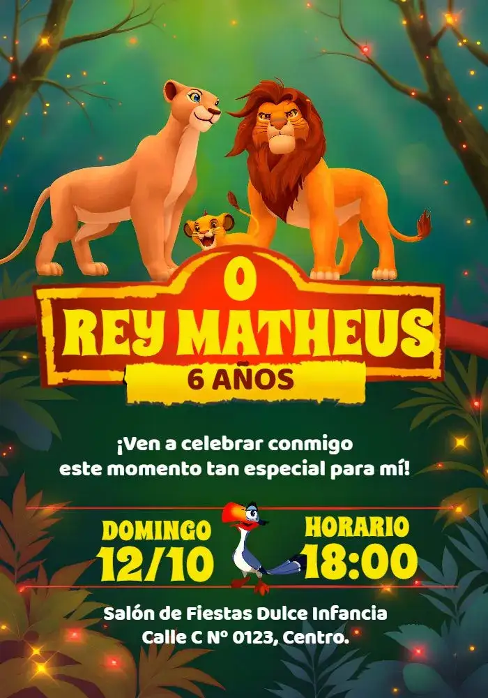 Invitación Rey León Nala – tema Cumpleaños Infantil colorido, temático, divertido, infantil, selva