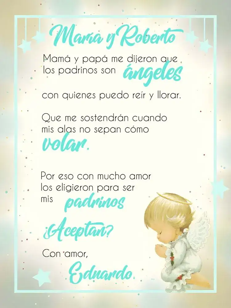 Invitación Bautizo Padrinos Blanco – tema Bautismo blanco, azul, angelitos, elegante, delicado