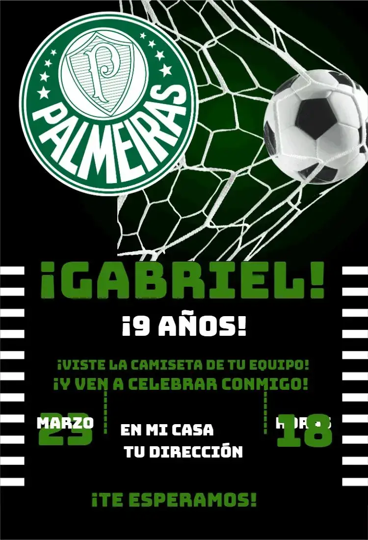 Invitación Palmeiras 3 – tema Cumpleaños verde y blanco, fútbol, moderno, dinámico, vibrante
