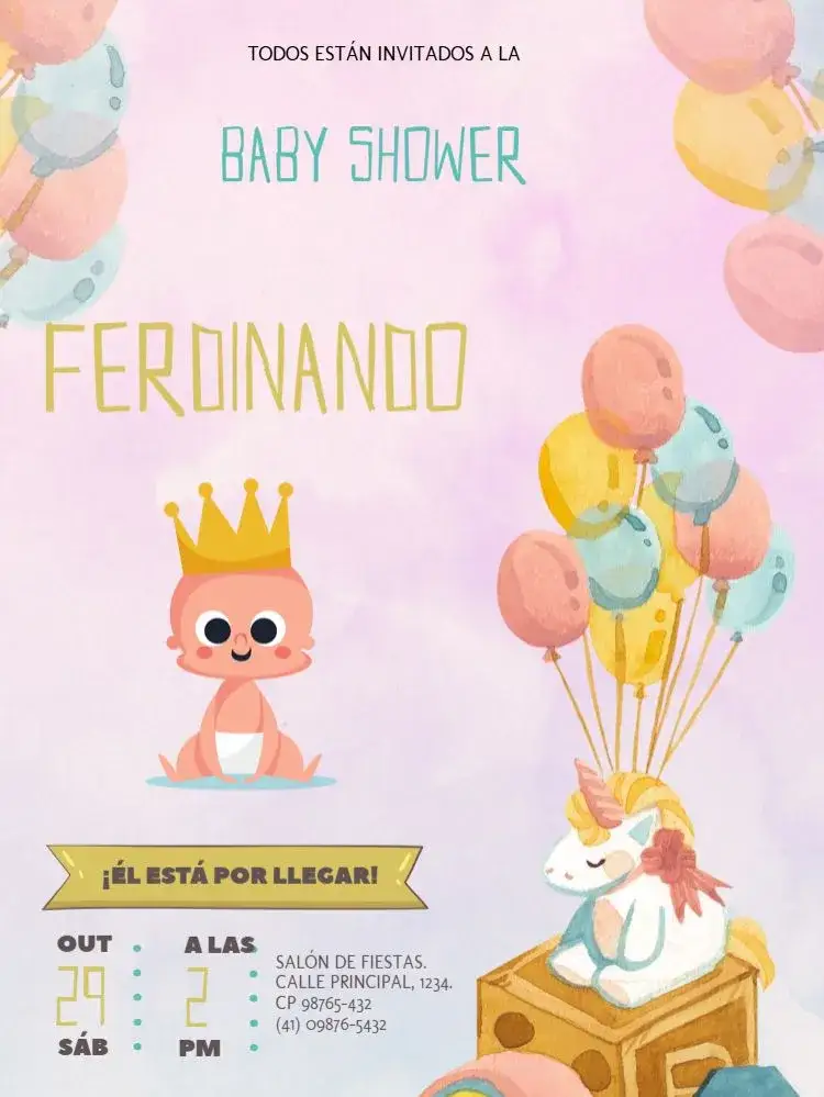 Invitación Tarjeta De Baby Shower Unicornio Y Globos Príncipe – tema Tarjeta delicado, lúdico, dorado, verde claro, infantil, mágico