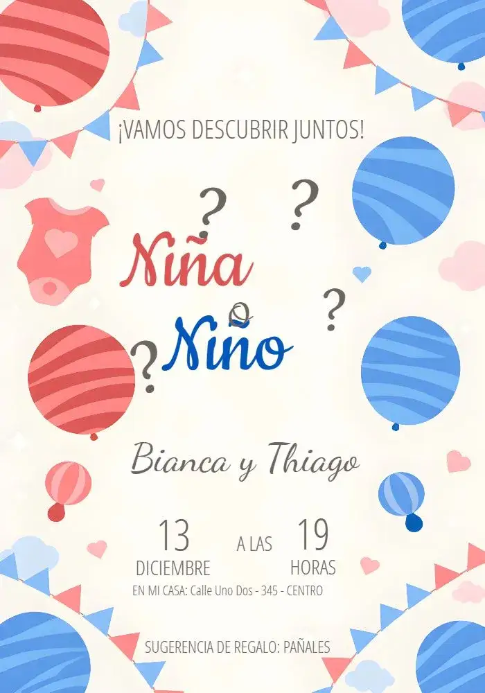 Invitación Chá de Revelación Sugerenciaderegalo – tema Revelación Bebé moderno, lúdico, colorido, infantil, divertido