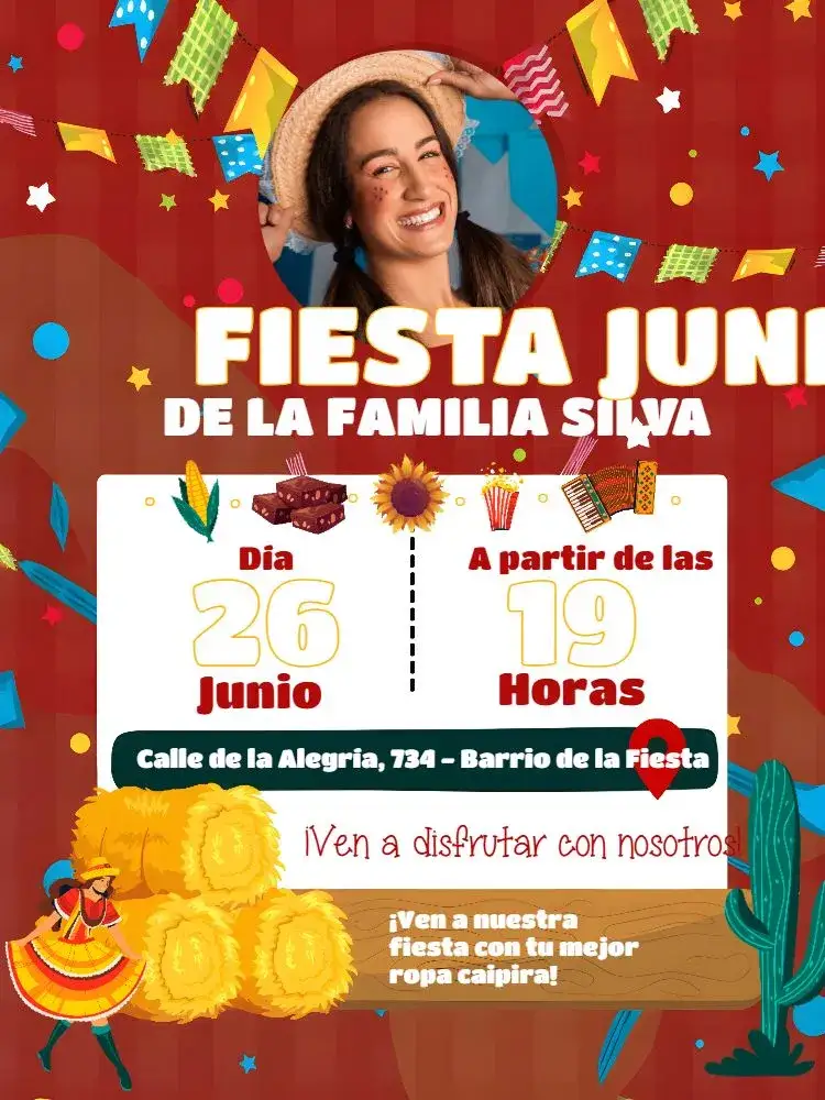 Invitación Arraiá Con Foto San – tema Fechas Conmemorativas colores vibrantes, elementos gráficos juninos, estilo rústico, banderitas coloridas, maíz, diseño festivo