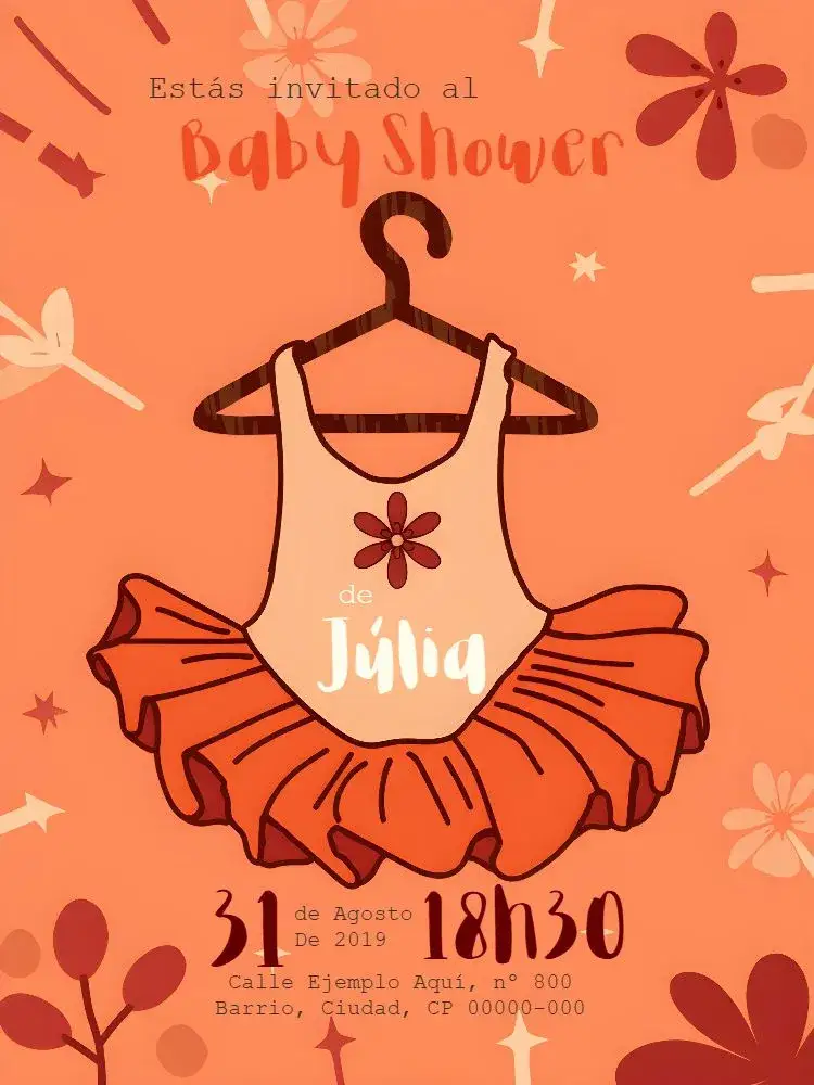 Invitación Baby Shower Niña Naranja – tema Baby Shower naranja, divertido, infantil, alegre, moderno, colorido