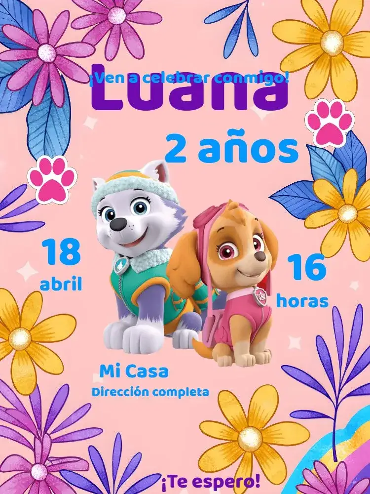 Invitación Patrulla Canina Online – tema Cumpleaños Infantil colores vibrantes, estilo lúdico, elementos gráficos de la Patrulla Canina, diseño divertido, temática infantil, estilo colorido