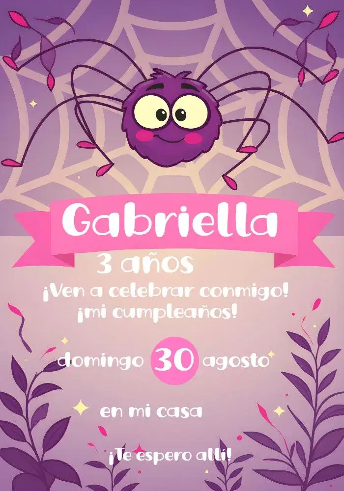 Invitación Doña Araña Telaraña – tema Más buscados colores vibrantes, temática infantil, elementos lúdicos, diseño divertido, ilustraciones coloridas