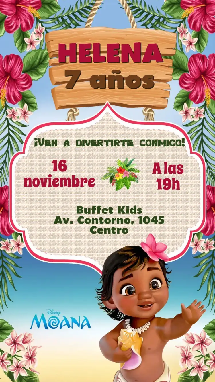 Invitación Moana – tema Cumpleaños Infantil colores vibrantes, estilo tropical, elementos marítimos, gráficos de aventura, inspirado en Disney, diseño lúdico