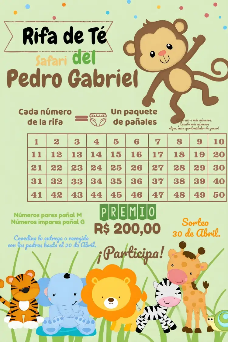 Invitación Rifa de Pañales Safari Números – tema Baby Shower safari, animales, tropical, verde, marrón, natural