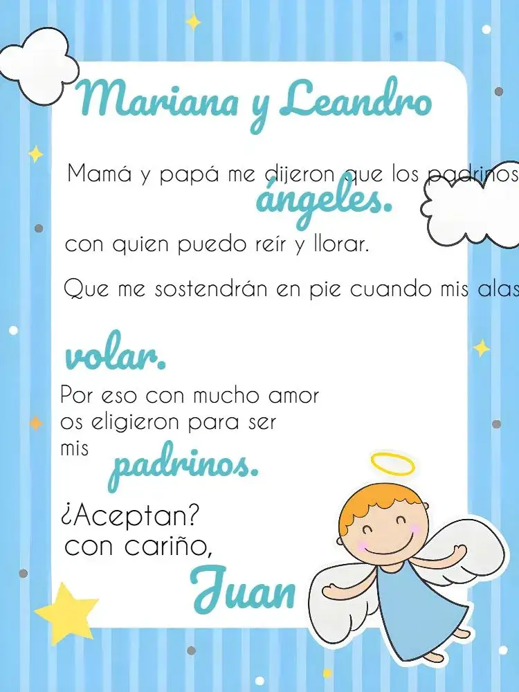 Invitación Bautizo Padrinos Angel Iglesia – tema Bautismo angelito, azul, blanco, religioso, infantil, delicado