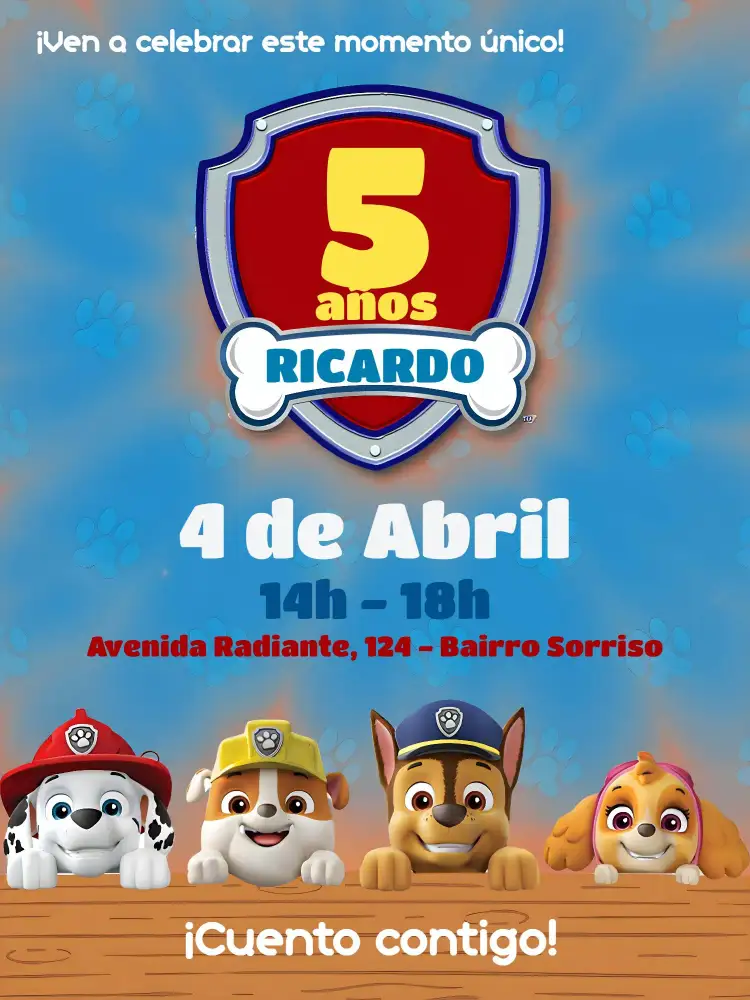 Invitación De Patrulla Canina Patrol – tema Cumpleaños Infantil colorido, divertido, temático, infantil, aventura
