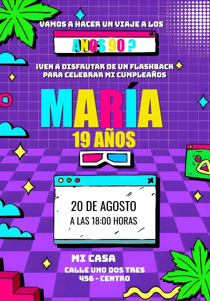 Invitación Años 80 90 Retrô Morado – tema 15 años retro, colorido, vintage, festivo, animado, nostálgico