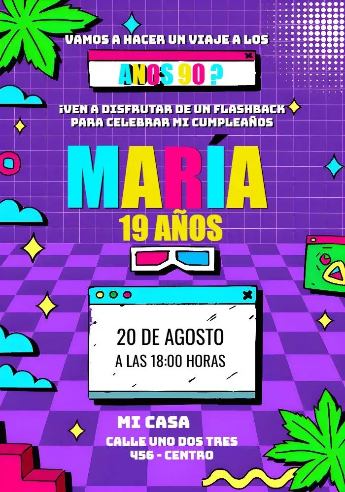Invitación Años 80 90 Retrô Morado