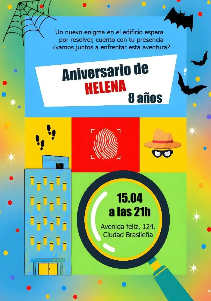 Invitación Detectives Del Edificio Azul Colorido – tema Cumpleaños Infantil colorido, divertido, infantil, lúdico, aventura