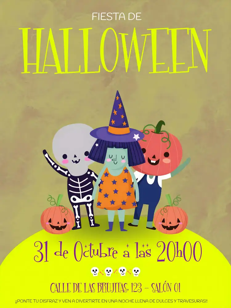 Invitación Fiesta De Halloween Bruja – tema Fechas Conmemorativas colores oscuros, estilo gótico, elementos de terror, ilustraciones divertidas, tonos naranjas y negros, diseño moderno