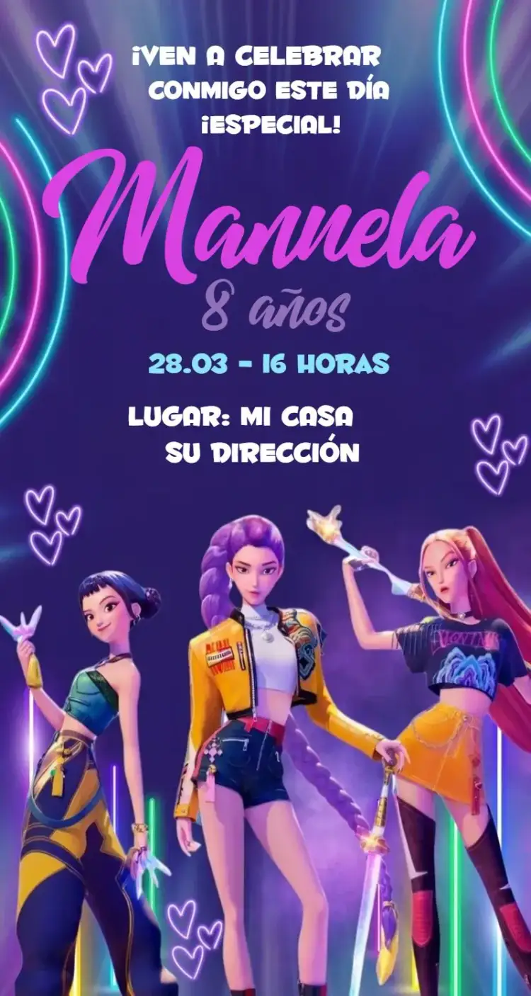 Invitación Guerreras del Kpop 9 – tema Cumpleaños urbano, neón, animación 3D