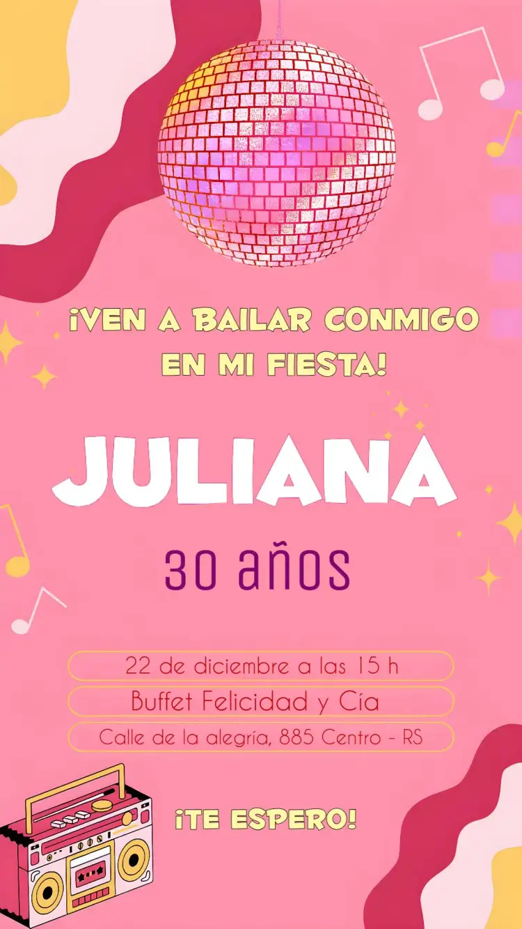 Invitación Discoteca Femenino Rosa – tema Cumpleaños rosa, retro, baile, vintage, colorido