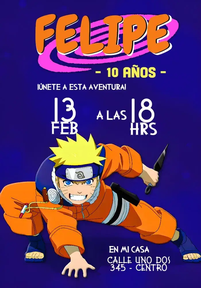 Invitación Naruto Manga – tema Cumpleaños Infantil azul, amarillo, naranja, negro, anime, manga