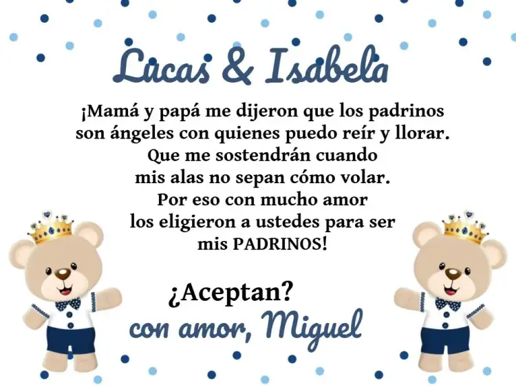 Invitación Padrinos De Bautismo Osito Príncipe Blanco – tema Bautismo azul y blanco, oso, príncipe, infantil, religioso