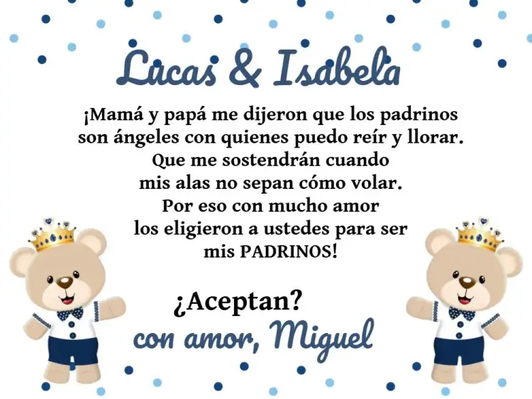 Invitación Padrinos De Bautismo Osito Príncipe Blanco