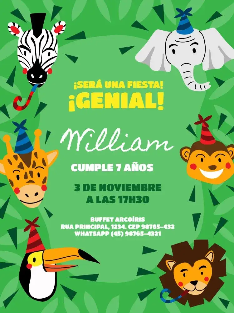 Invitación Zoo Verde Animal editable y personalizable