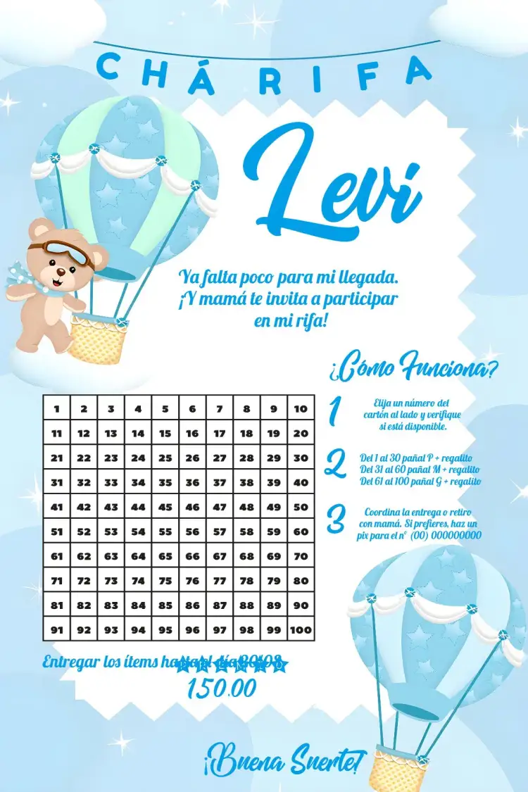 Invitación Té Rifa Osito Globos Azules – tema Más buscados azul y blanco, infantil, globos, oso de peluche, nubes, celebración