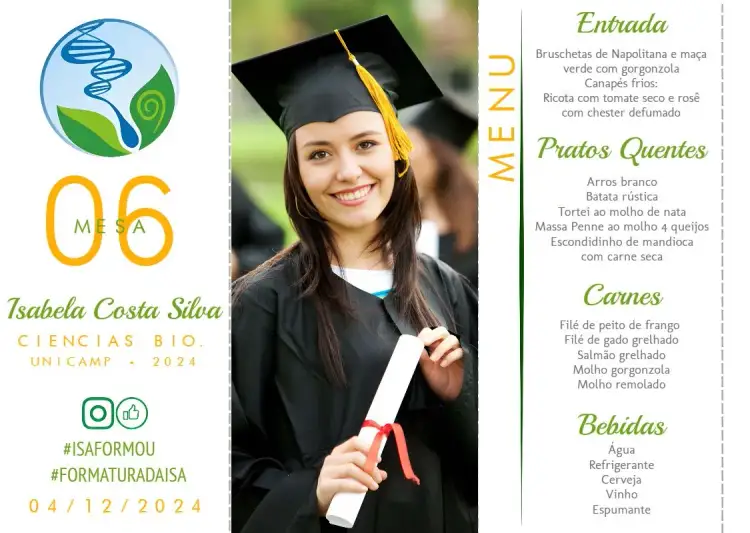 Invitación Menú Triángulo Graduación en Ciencias Biológicas con Foto en la Mesa – tema Graduación moderno, elegante, biológico, minimalista, verde, fotográfico