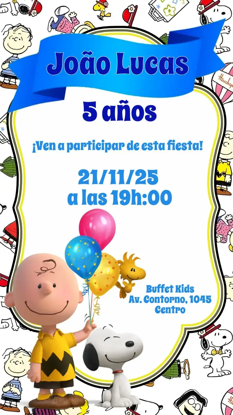 Invitación Snoopy – tema Cumpleaños Infantil personajes animados, historietas, globos de fiesta