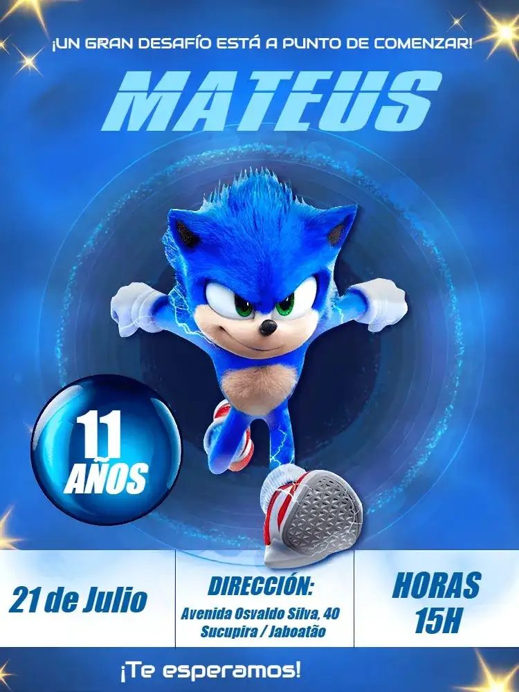 Invitación Sonic Azul – tema Más buscados azul, divertido, jovial, dinámico, moderno