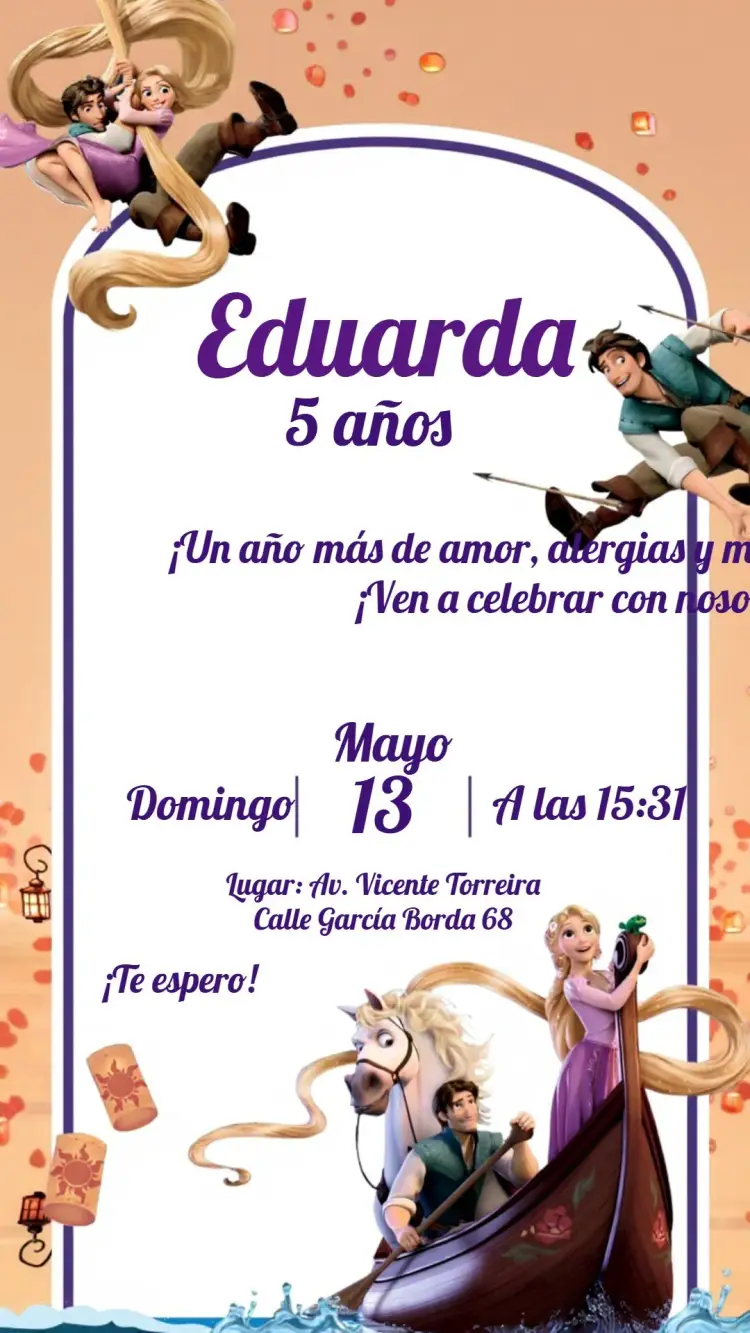 Invitación Aniversario Enredados Rapunzel Infantil