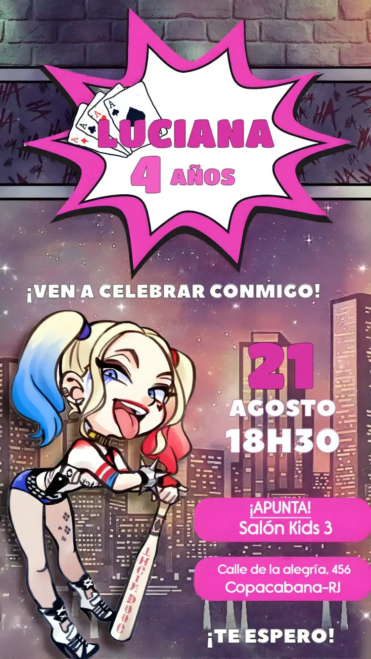 Invitación Arlequina Alerquina – tema Cumpleaños Infantil colorido, divertido, de caricaturas, moderno, jovial