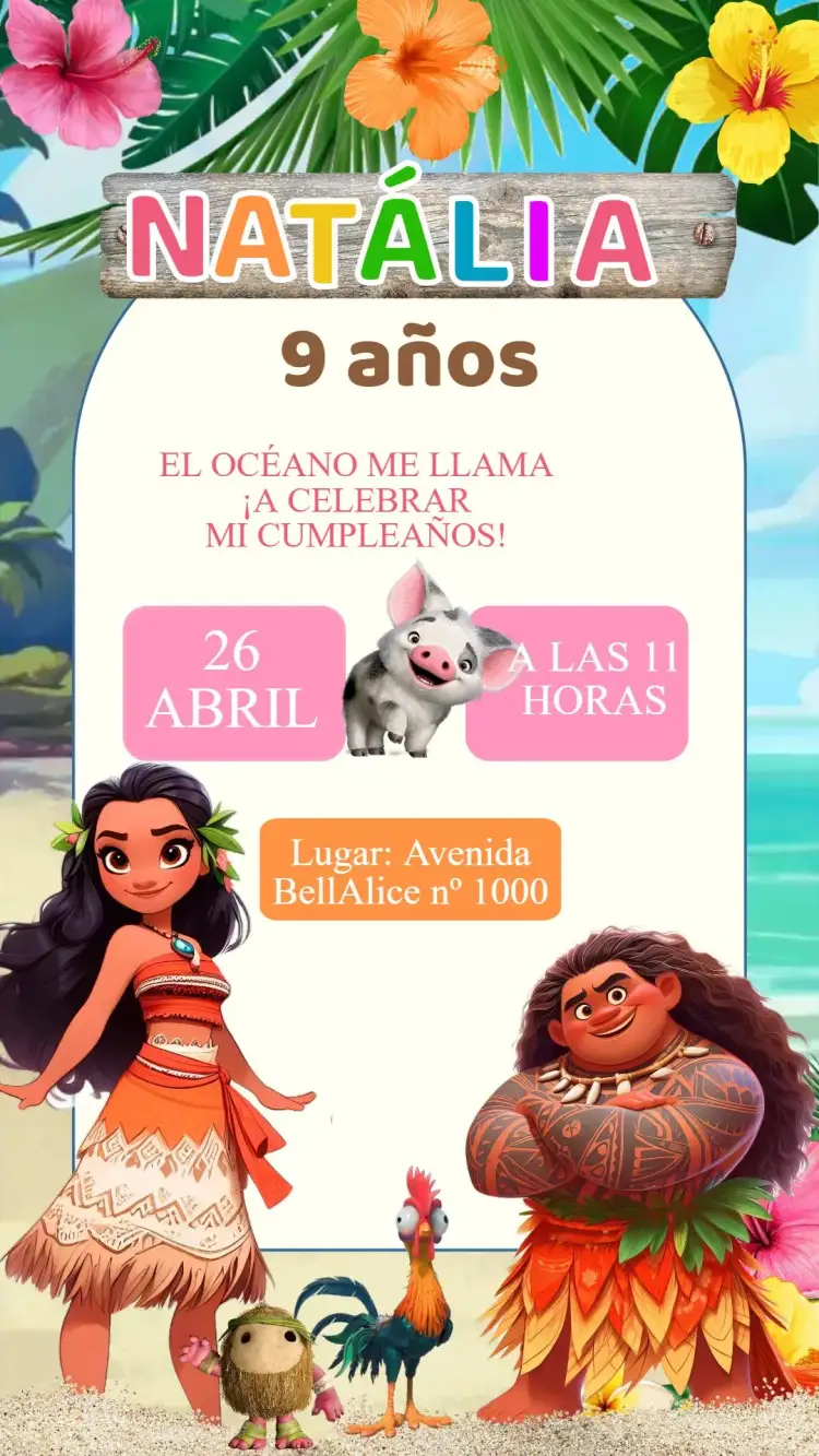 Invitación Invitación Cumpleaños Moana – tema Cumpleaños Infantil tropical, colorido, marino, aventura, Disney, naturaleza