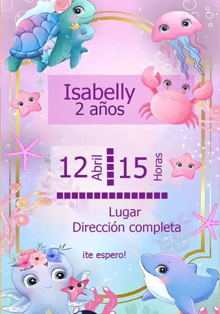 Invitación Fondo Del Mar Lila – tema Cumpleaños Infantil fondo marino, lila y azul, colorido y divertido, elementos marinos, fiesta infantil, diseño alegre