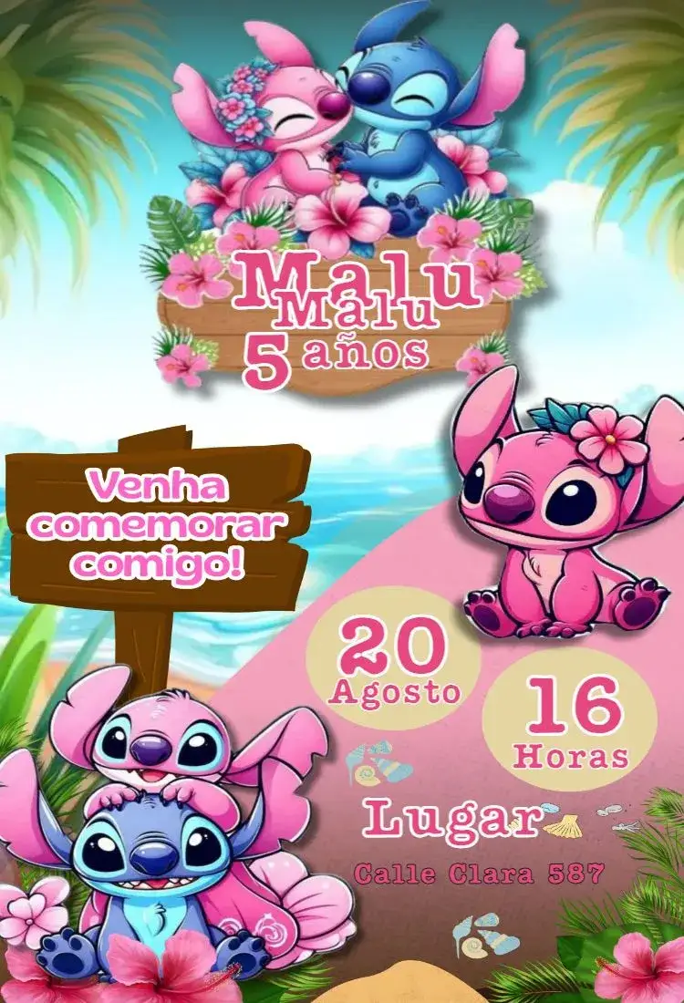 Invitación stitch – tema Cumpleaños Infantil rosa, divertido, colorido, temático, infantil, lúdico