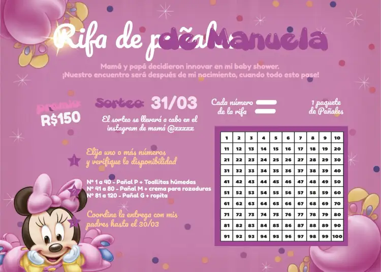 Invitación Chá Rifa Minnie Mouse Cha – tema Té Rifa infantil, colorido, lúdico, Disney, rosa y azul, divertido