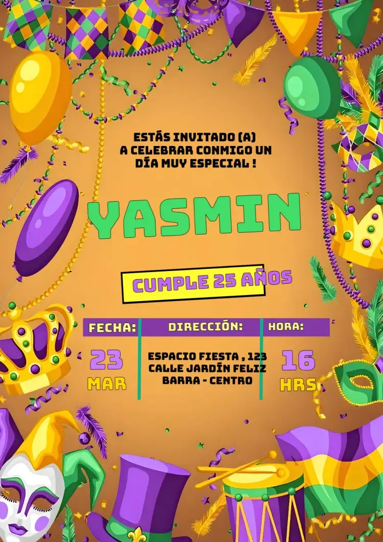 Invitación Carnaval Fiesta – tema Fechas Conmemorativas colores vibrantes, estilo alegre, elementos gráficos de carnaval, diseño divertido, máscaras coloridas, confetis y serpentinas