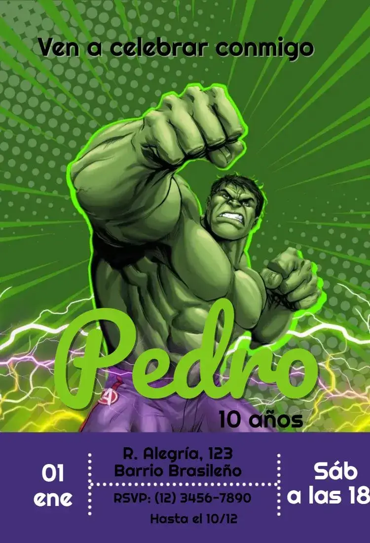 Invitación Increíble Hulk – tema Cumpleaños Infantil verde intenso, superhéroe, dibujos animados, divertido, fiesta temática, dinámico