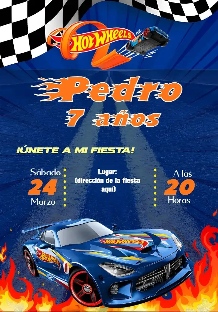 Invitación Hotwheels Carrera – tema Más buscados moderno, colorido, temático, divertido, dinámico