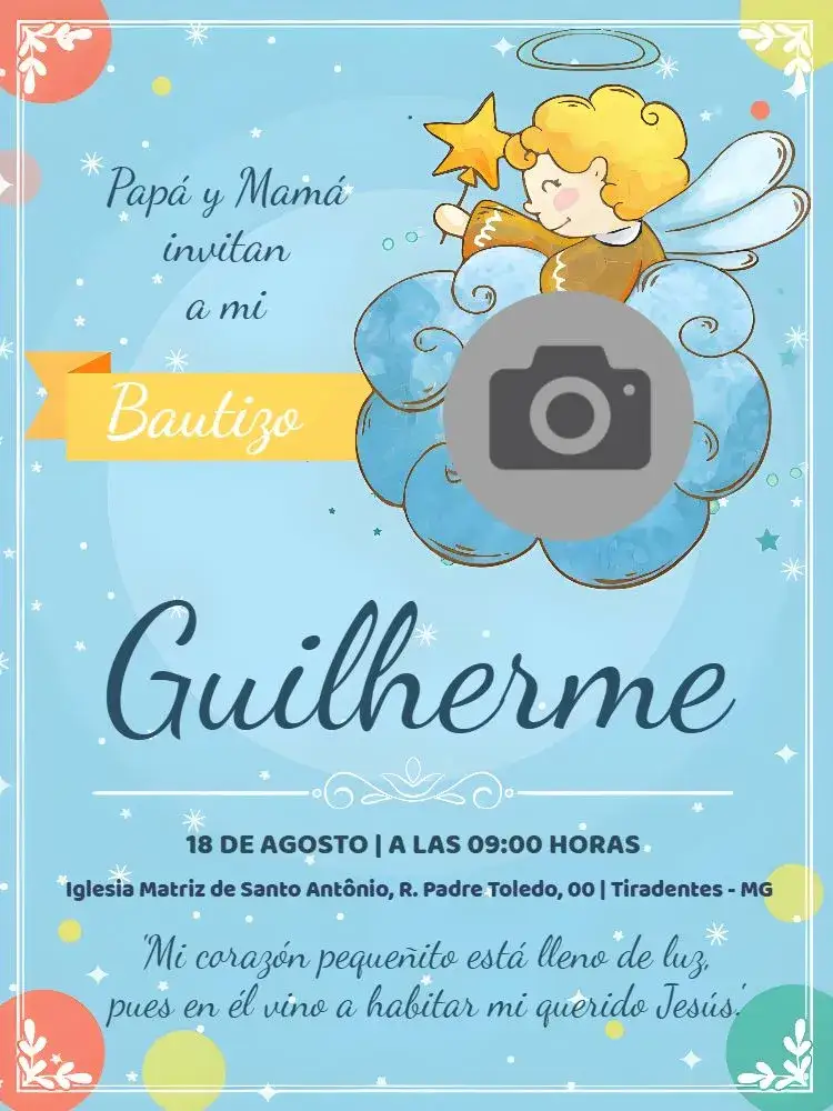 Invitación Bautizo Con Foto de Ángel – tema Bautismo azul suave, ángel, moderno, delicado, infantil, minimalista