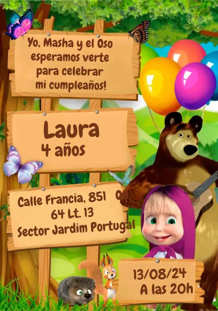 Invitación Masha Y El Oso Colorido