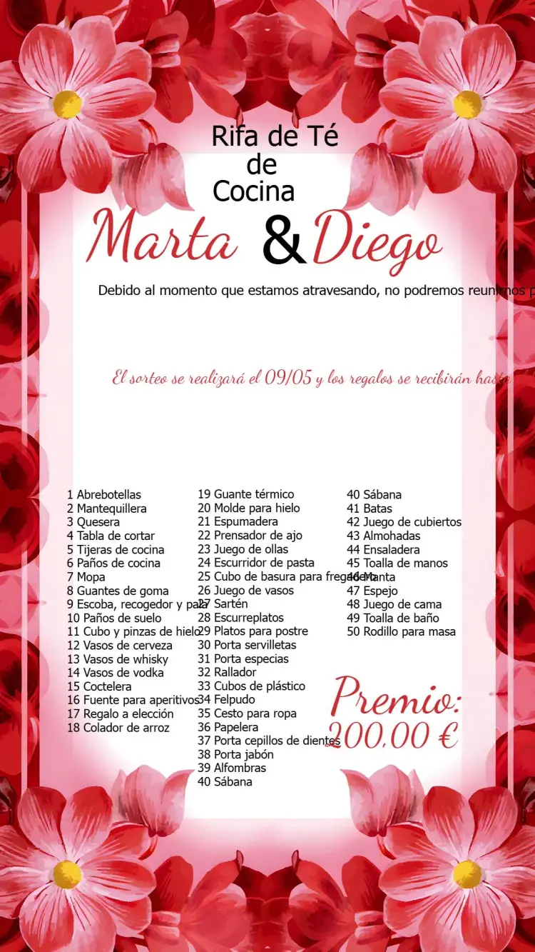 Invitación Té de Cocina de Rifa Floral Regalos