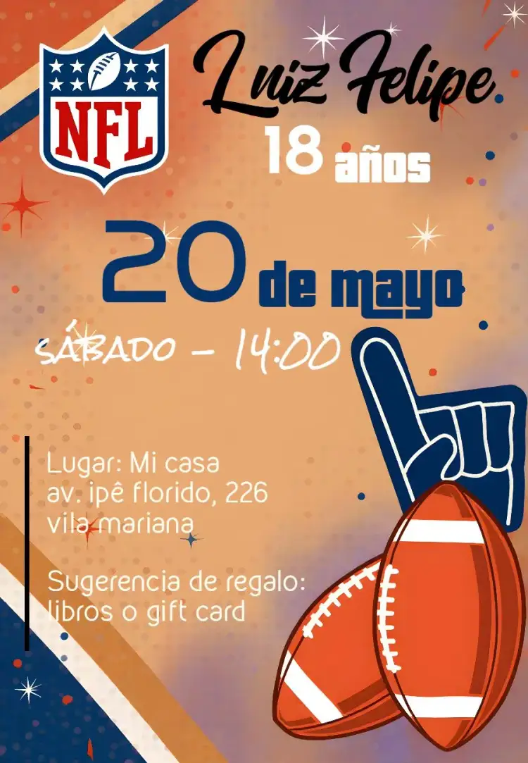 Invitación Fútbol Americano – tema Cumpleaños Infantil colorido, deportivo, moderno, temático, vibrante, divertido