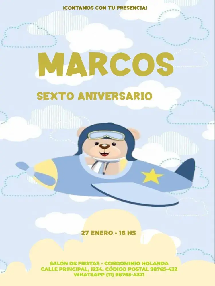 Invitación Infantil Avión Azul Para Editar Cielo