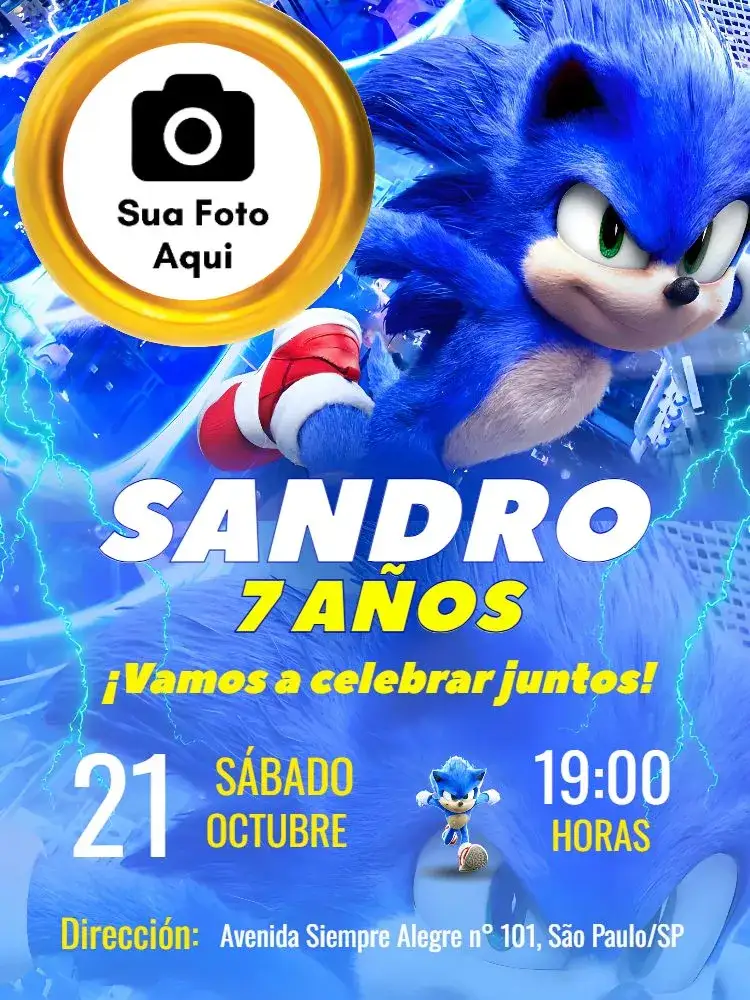 Invitación Sonic Con Foto Azul – tema Más buscados azul, temático, juegos, divertido, infantil, colorido