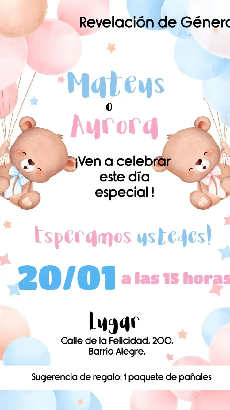 Invitación Chá Revelación Ositos Globos - Rosa y Azul Niño – tema Revelación Bebé osos de peluche, globos, rosa, azul, infantil, divertido